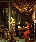 Frans Van Mieris Canvas Paintings - Interior with figures playing Tric Trac